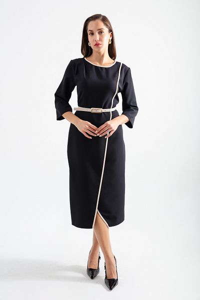 Lafaba Women's Black Double-Breasted Belt Midi Dress