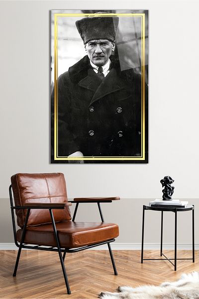 Vosevu Pardesiu cu dungi aurii și pictură pe sticlă Ataturk cu inimă, decor pentru casă și birou, cadou, decorare de perete