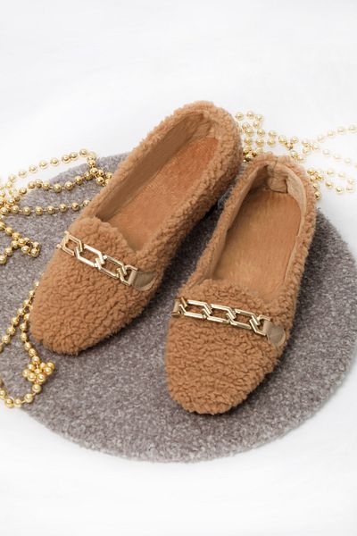 RENKLİBUTİK Plush Furry Chain Women's Home Shoes Ballerinas