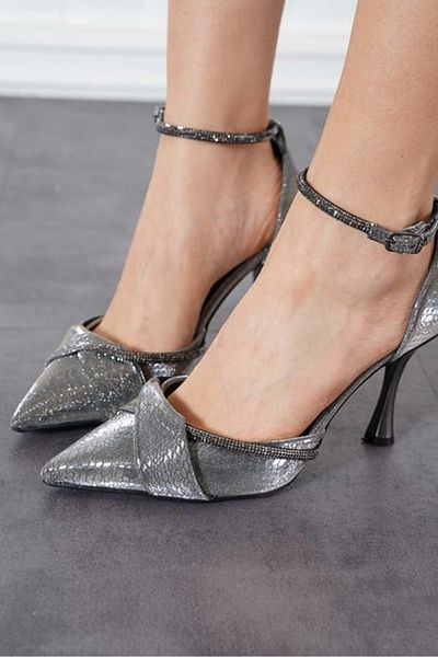 Kocamanlar Ayakkabı Feles Ankle Stripe Stone Detailed Heeled Stiletto Women's Shoe PLATINUM