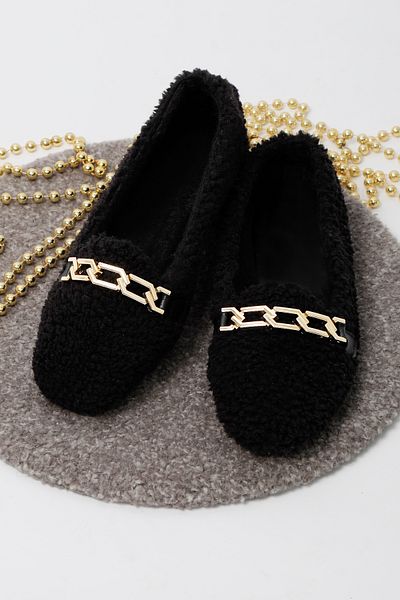 RENKLİBUTİK Plush Furry Chain Women's Home Shoes Ballerinas