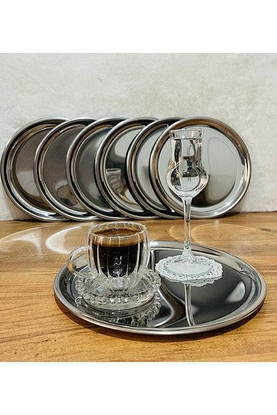 BİMOTE Set of 6 Stainless Steel 21.cm Round Tea, Coffee, Pastry Serving Tray Decorative Presentation Tray