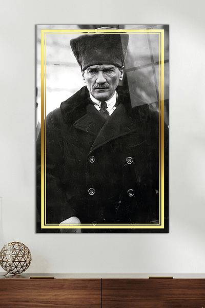 Vosevu Pardesiu cu dungi aurii și pictură pe sticlă Ataturk cu inimă, decor pentru casă și birou, cadou, decorare de perete