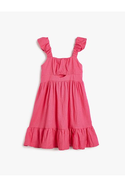 Koton Leinenkleid mit quadratischem Kragen und Fensterdetail – Hosenträger und Rüschen