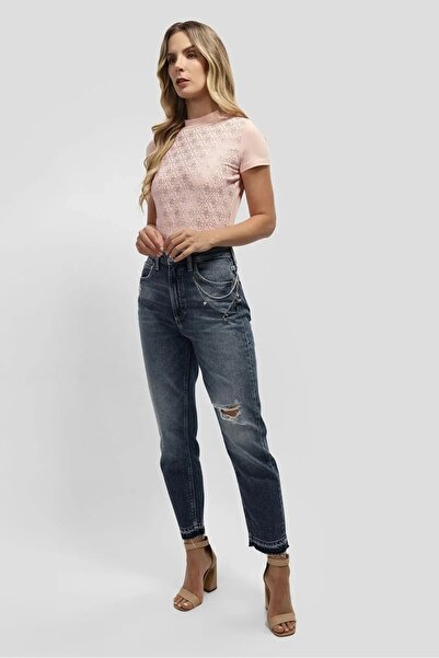 Guess Жіночі джинси Mom Jean з ефектом старіння, сині
