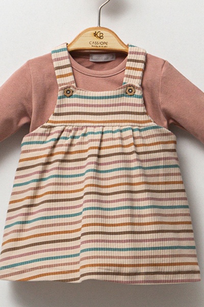 Cassiope Çizgili Yumuşak Dokulu Uzun Kollu 2'li Takım Kız Bebek Elbise