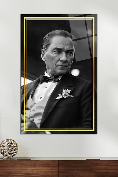 Vosevu Gray Artificial Intelligence Ataturk Portrait Glass Painting with Gold Stripe, Home Office Decor, Gift Wall Decoration