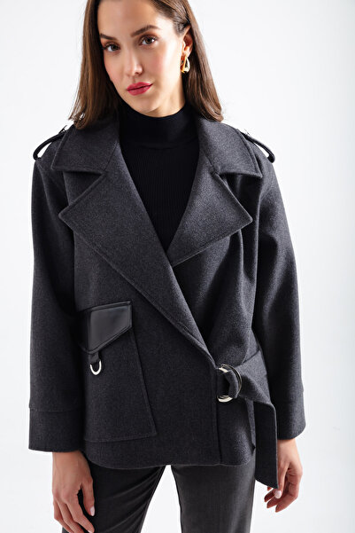 Lafaba Dámský antracitový kožený kabát s detailním vzorem