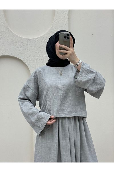 Modamorfo Hellgraues Leinen-Set – Bluse mit Rundhalsausschnitt und Rock