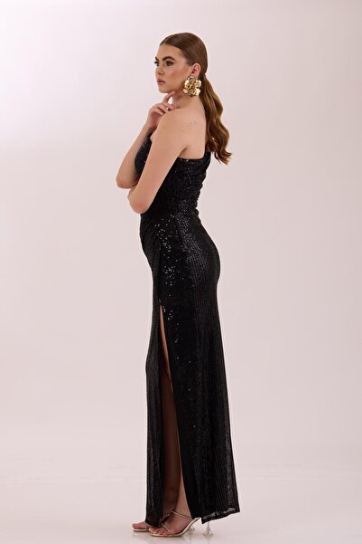 Carmen Black Single Sleeve Slit Sequined Evening Dress