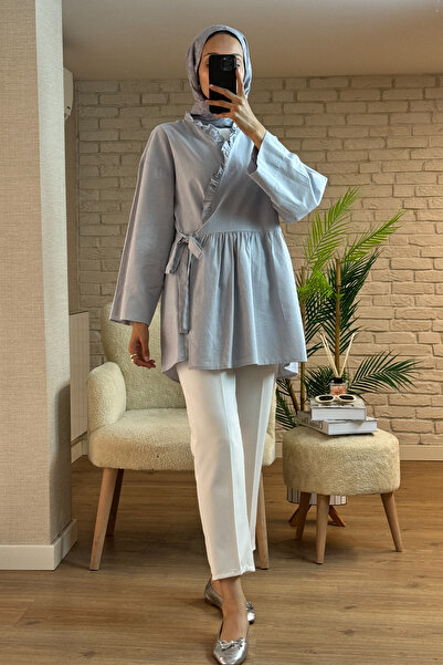 Salih Çelebi 2151 Front Tie Ruffle Tunic - Gray