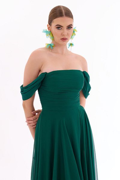 Carmen Emerald Low Sleeve Slit Chiffon Evening Dress