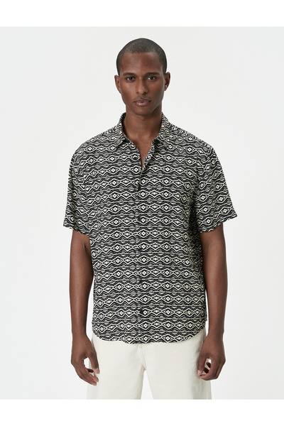 Koton Vintage έθνικ μοτίβο ύφασμα βισκόζης - κοντομάνικο πουκάμισο, κλασικός γιακάς