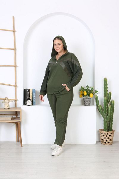 Şans Large Size Khaki Hooded Tracksuit Set - 3 Thread Mesh Detail 65N38325