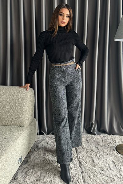 julude Black Women's High Waist Patterned Waist Elastic Winter Wide Leg Palazzo Trousers