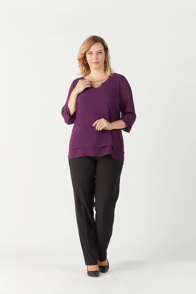 Moda Berray 1935 Zincir Yakalı Şifon Büyük Beden Şık Bluz Mürdüm