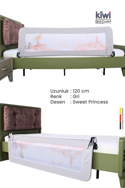 Kiwi Bed Guard Elevator 120 cm Bed Barrier with Sweet Princess Design, Gray Color Children's Bed Barrier