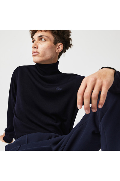 Lacoste ملابس تريكو رجالية ذات قصة عادية وأكمام طويلة وياقة واقفة باللون الأزرق الداكن