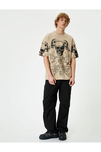 Koton Oversize T-Shirt Skull Printed Crew Neck