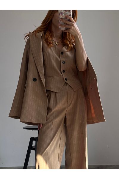 bonnline Striped Vest Pleated Detail Palazzo Oversize Suit Dress