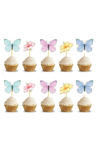 Le Mabelle Set of 10 Toothpick Cake Decorations with Multi-Colored Flower and Butterfly Figures