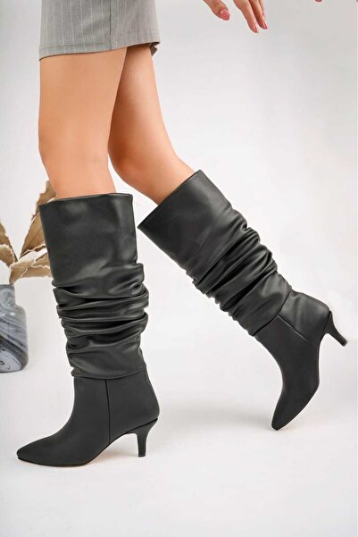 Demashoes Siyah Körüklü  İnce Kısa Topuklu Dizaltı Çizme