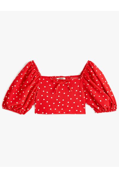 Koton Short Balloon Sleeve Crop Blouse with Polka Dot Bow Detail