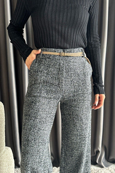 julude Black Women's High Waist Patterned Waist Elastic Winter Wide Leg Palazzo Trousers