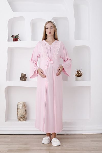 ERDENİZ TEKSTİL Buttoned Laced Collar Long Sleeve Maternity-Pregnancy Nightgown Set of 2 (Autumn-Winter)