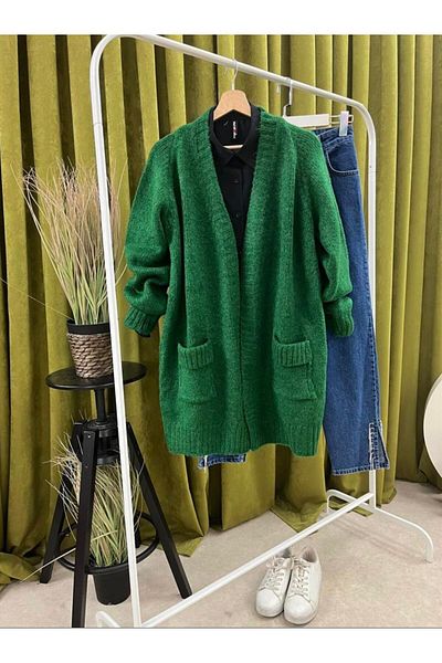 Butik Green Women's Sleeve Layered Pocket Loose Knitwear Tunic Long Cardigan Hijab Women's Cardigan