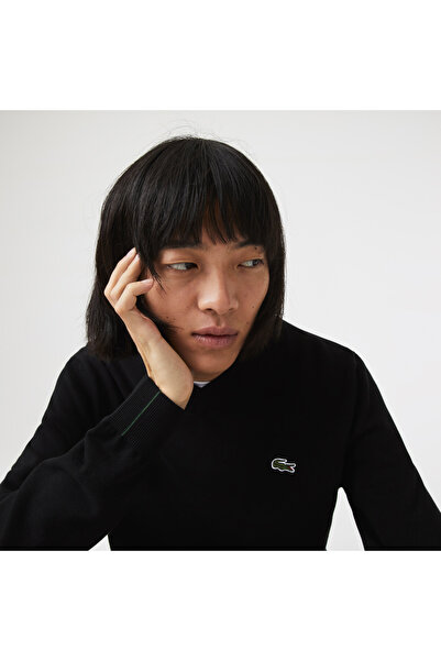 Lacoste Men's Regular Fit V-Neck Organic Cotton Black Knitwear