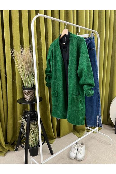 Butik Green Women's Sleeve Layered Pocket Loose Knitwear Tunic Long Cardigan Hijab Women's Cardigan
