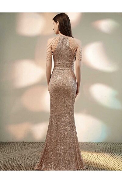 MODAS HALTER YAKA BONCUKLU PUL PAYET ABİYE ELBİSE