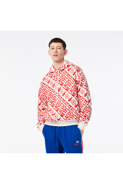 Lacoste x Netflix Erkek Loose Fit Kapüşonlu Baskılı Kırmızı Sweatshirt