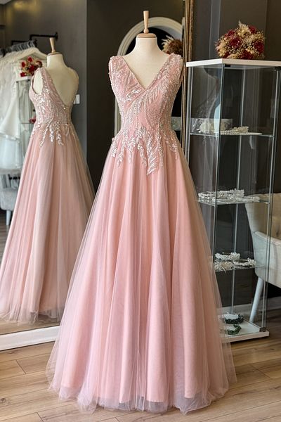 Lenta Moda Powder V-Neck Leaf Pattern Lace Detailed Maxi Length Evening and Wedding Dress
