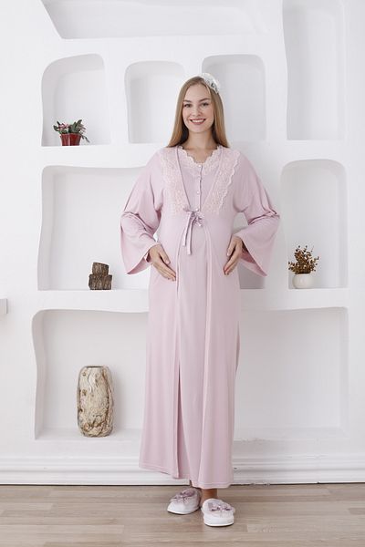 ERDENİZ TEKSTİL Buttoned Laced Collar Long Sleeve Maternity-Pregnancy Nightgown Set of 2 (Autumn-Winter)