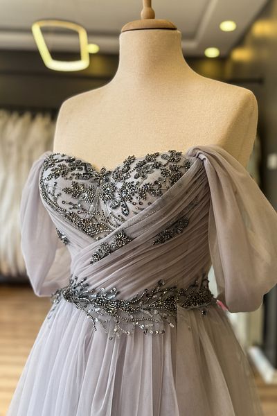 Lenta Moda Gray Color Draped and Flower Pattern Lace Detailed Midi Length Evening Dress and Evening Dress