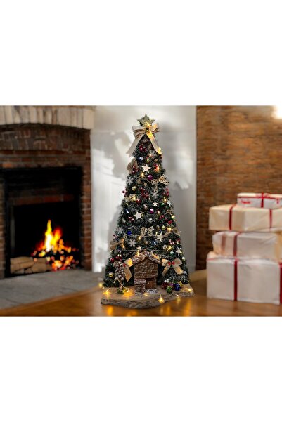 woodline Rustik El Yapımı Yılbaşı Ağacı Ahşap Ev ve Işıklı Ağaç Süsleri