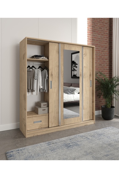 ROSEPAL Mobilya LUNA Lefkas 3 KAPAKLI 2 ÇEKMECELİ AYNALI SÜRGÜLÜ DOLAP