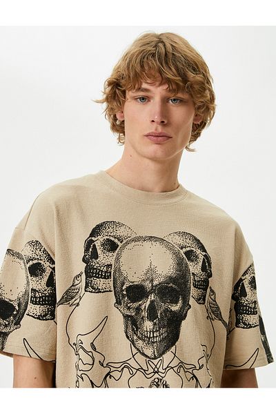 Koton Oversize T-Shirt Skull Printed Crew Neck