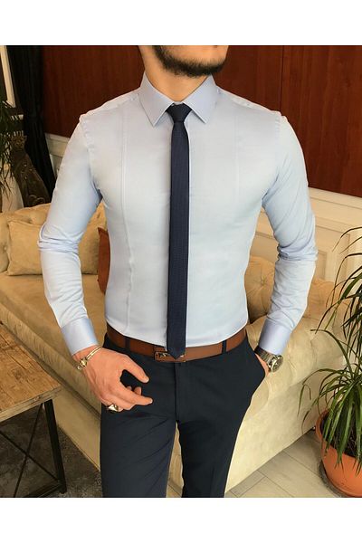 TerziAdemAltun Italian Style Slim Fit Men's Tie Collar Shirt Blue T6816
