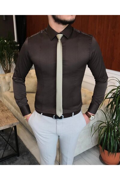 TerziAdemAltun Ανδρικό πουκάμισο με γιακά με γραβάτα σε ιταλικό στυλ Slim Fit Brown T6817