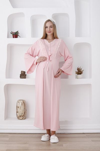 ERDENİZ TEKSTİL Buttoned Laced Collar Long Sleeve Maternity-Pregnancy Nightgown Set of 2 (Autumn-Winter)