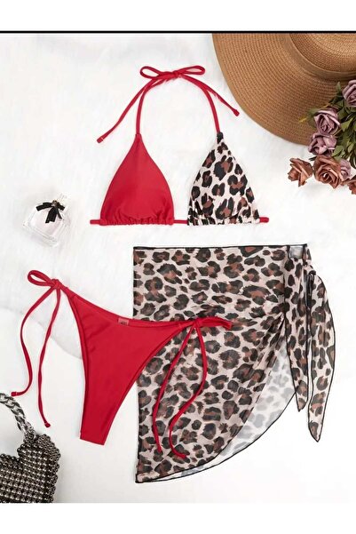 ŞAHPERA BUTİK Leopard Print Pareo Double Color Bikini Set