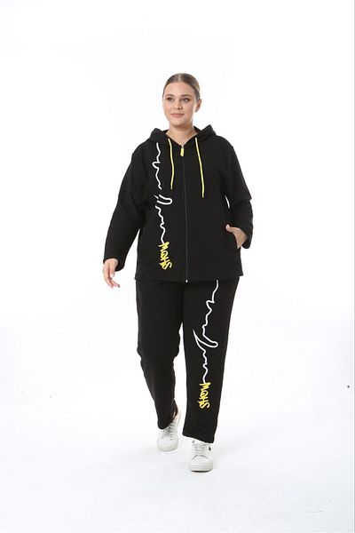 Şans Large Size Hooded Black Tracksuit Set - 3 Thread 65N38324