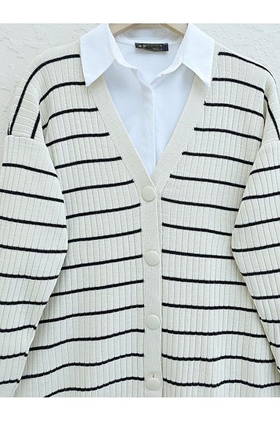 Modamorfo Long Knitwear Cardigan - Ribbed and Button, Cream Color