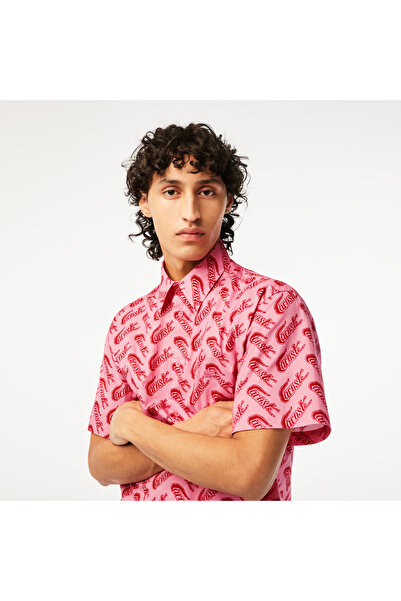 Lacoste Erkek Relaxed Fit Kısa Kollu Desenli Pembe Gömlek