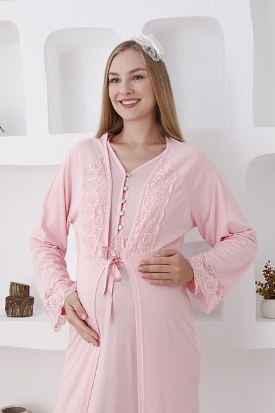 ERDENİZ TEKSTİL Buttoned V-Neck Long Sleeve Laced Maternity-Pregnant Cotton Nightgown Set of 2 (Autumn-Winter)