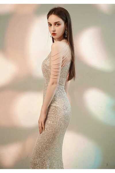 MODAS HALTER YAKA BONCUKLU PUL PAYET ABİYE ELBİSE