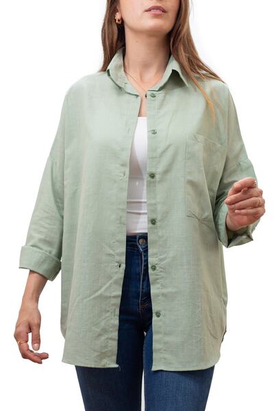 şıkgiyim Kadın Oversize Pamuk Keten Su Yeşili Gömlek ( 100% Flamlı )